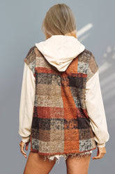 Double Take Contrast Long Sleeve Hooded Plaid Jacket OutfitFlow